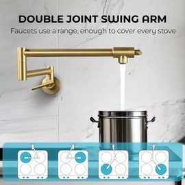Pot Filler Faucet, Commercial Wall Mount Stove Faucet, Folding Kitchen Faucets, Double Joint Swing Arm Rotatable Pot Filler Faucet with 2 Handles, Brushed Gold