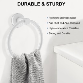 SetSail Towel Holder for Bathroom Wall Screw-in White Towel Ring Stainless Steel Heavy Duty Hand Towel Hanger for Bathrooms, Kitchen, 2 Packs