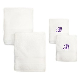 Super Soft Thick Embroidered White Turkish Cotton Bath Towel Set of 2 with Monogrammed Purple Script B | Looped Terry Cloth Finish Extra Absorbent Quick Dry Luxury Kitchen Spa Bath Hand Towel