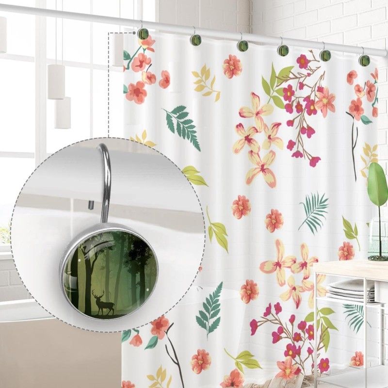 deciduous Forest Bird Deer Decorative Shower Curtain Hooks Rings Set