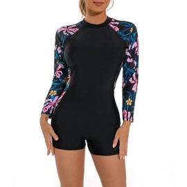 ABOCIW Womens Boyleg Long Sleeve Rashguard Swimsuit Floral Print Athletic One Piece Bathing Suit UPF 50 Zipper Surfing Wetsuit Swimwear Pink Medium
