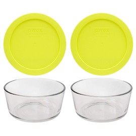 Pyrex (2 7201 4-Cup Glass Dishes & (2) 7201-PC 4-Cup Yolk Yellow Plastic Lids Made in the USA