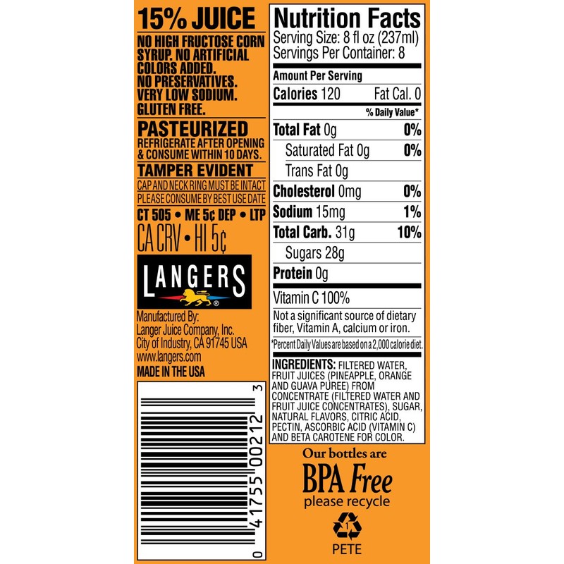 Langers Juice Cocktail, Pineapple Orange Guava, 64 Fl Oz (Pack