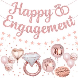 Pink Engagement Party Decorations Set, Elegant Rich Engagement Decor, Includes Engagement Banner and Balloons Confetti Star Garland for Wedding Celebration with Party Favors Supplies