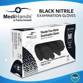 Farla Medical MediHands Nitrile Gloves - Disposable Black Powder Free & Latex Medium Multi-Purpose, Single Use Box of 100