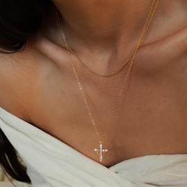 ZIVUYTAQ Crown Cross Necklace for Women 14K Gold Plated Crown Cross Pendant Necklace Simple Diamond Gold Necklaces Faith Cross Jewelry First Communion Necklace(Gold)