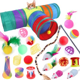 22 Piezas Gatos de Juguete,Juguetes para Gatitos,Juguetes Divertidos para Gatos,Juego de Juguetes Interactivos para Gatos con Túnel para Gatos Plegable,Pelota,Ratón de Peluche y Varita para Gatos