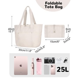 Outplea 18L Foldable Tote Bag with Zipper for Women, Small Lightweight Multipockets Shoulder Bag for Teacher, Waterproof Handbags for Travel Beach, Beige