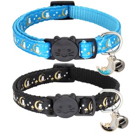 Giecooh 2 Pack Breakaway Cat Collar with Bells, Adjustable Moon and Star Kitten Safety Collars for Boys & Girls, Black+Blue