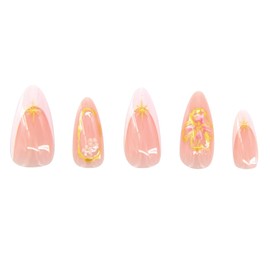 JONKASIPA 24 Pcs Press On Nails Almond - Press On Nails with 3D Flower Gold Lines Design,White Tip False Nails,Pink French Medium Fake Nails,Gold Swirl Stick On Nails for Women