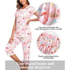 PNAEONG Women Pajama Set Sleepwear Tops with Capri Pants Casual and Fun Prints Pajama Sets Pink Flamingo XL