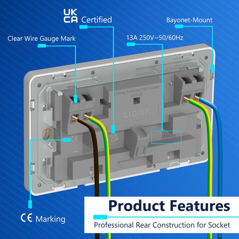 LIDER 2-Gang Switched 13A Socket, 13 Amp Plug Socket with