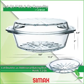 Simax Casserole Dish For Oven, Glass Baking Dish With Lid, Ridged Design for Low Fat Cooking, Microwave, Oven, and Dishwasher Safe Cookware, Borosilicate Glassware, 2.6 Qt. Round Baking Dish