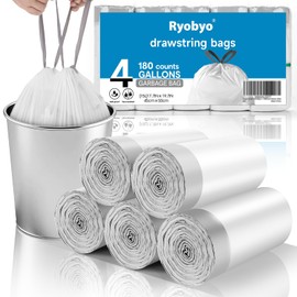 Ryobyo 180 Counts Drawstring Small Trash Bags 2-4 Gallon, 4 Gallon Mini Trash Bag Extra Strong, Small Garbage Bags Unscented, Stretchy, Quick Cinch for Bathroom Bedroom Office,White