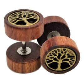 Organic Wood w/Metal Tree of Life Emblem Stud Post Earrings - New - Pair!
