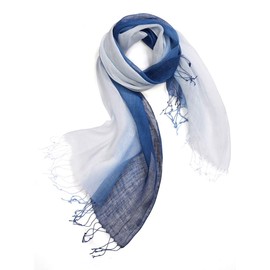 Prettystern Linen Plain Colour Unisex Summer Fringe Scarf, T68 Denim Blue/Light Blue