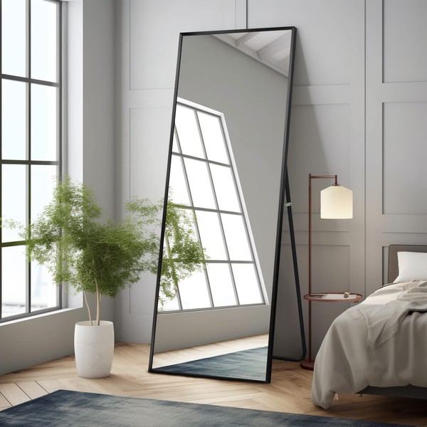 NeuType Full Length Mirror Dressing Mirror 64"x21" Large Rectangle Bedroom Floor Standing Mirror Wall-Mounted Mirror Standing Hanging or Leaning Against Wall Aluminum Alloy Thin Frame (Black)