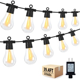 BYIZO LED Outdoor String Lights with 20 Shatterproof Edison Bulbs, 39.4FT Commercial Grade Patio Lights, Replaceable Wick Outside Hanging Lights Waterproof for Porch, Deck, Garden, Backyard 2700K