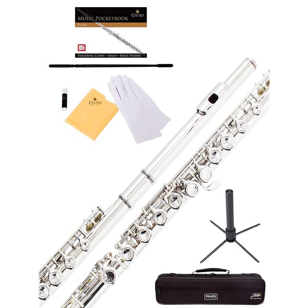 ﻿Mendini By Cecilio Flutes - Closed Hole C Flute For Beginners, 16-Key Flute with a Case, Stand, Lesson Book, and Cleaning Kit, Musical Instrument for Kids, Nickel Plated