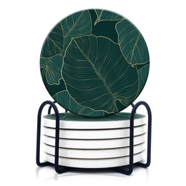 HOPONY Coasters for Drinks,6 Pieces Ceramic Stone Coaster Set with Metal Holder Stand, Cork Base,Absorbent Cups Place Mats for Home Decor Golden Leaves