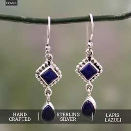 NOVICA Artisan Handmade Lapis Lazuli Dangle Earrings Sterling Silver India Blue Royal Classic Reflecting Pond Snorkel Birthstone [1.6 in L x 0.4 in W] ' Queen of Diamonds'
