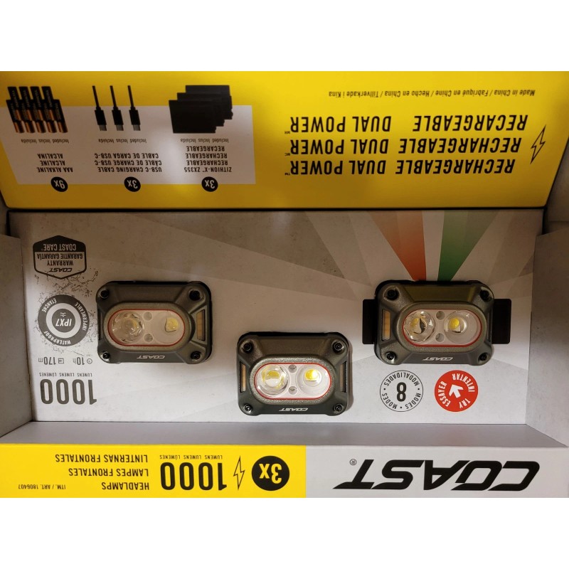 Coast "3-PACK" 1000-Lumen Headlamp Rechargeable Dual Power WATER PROOF IPX7