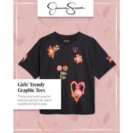 Jessica Simpson Girls T Shirts - Trendy Oversized Graphic Tees Cute Summer Tops for Girls - Soft Blended Cotton Shirts (7-16), Size 8-10, Washed Black
