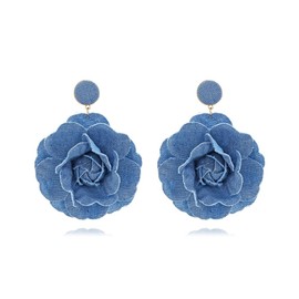 Denim Camellia Flower Drop Dangle Statement Earrings for Women Fabric Blue Floral Dangling Charm Earring Boho Jewelry Gifts