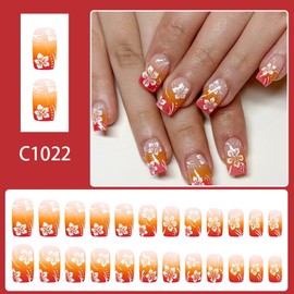 Spring Summer Press on Nails French Tip False Nails Medium Square Fake Nails Red Gradient Stick on Nails White Flowers Glue on Nails Gloss Acrylic Nails Full Cover Artificial Nails Kit for Women 24Pcs