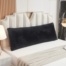 WERDIM Shaggy Fluffy Faux Fur Body Pillow Cover 21"x54" Button Closure Velvet Pillow Shams Throw Body Pillowcase Long Decorative Bed Pillow Case(Black, 21 X 54 Inches)