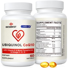 Besibest Ubiquinol CoQ10-600mg-Softgel, Active Coq10 Ubiquinol Supplement with Vitamin E & Omega 3, 6, 9, High Absorption-Coenzyme-Q10, Powerful Antioxidant for Energy Production, Tested, 60 Count