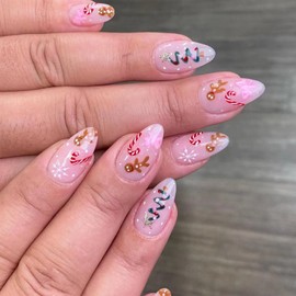 Vopintpy Long Almond Cute Christmas Press on Nails Cartoon Gingerbread Man Christmas Tree Fake Nails Winter Xmas Snowflake Glue on Nails Glossy Acrylic Stick on Nails for Women