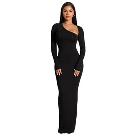 VANCOL Women's 2024 Fall Long Sleeve Slant Neck Slimming Back Split Fashion Dresses Midi Dress Black