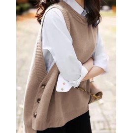 Wowcarbazole Women's Sleeveless Sweater Vest Casual Crew Neck Ribbed Knit Pullover Tops Loose Fit Full Clothes(Camel-L)