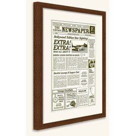 Modern Matted Wood Newspaper Frame (Brown) - Acid-Free White Gallery-Style Matting w/ UV Resistant Acrylic Front - Sleek Hanging Display Case for Entire Newspaper for Home or Office - 11x22