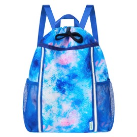 Kids Gym Drawstring Backpack String Bag, Tie Dyed Sports Gym Bag for Kids Girls Waterproof Swimming Beach String Cinch Backpack with Two Water Bottle Pocket