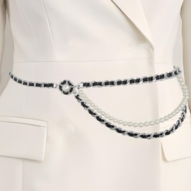 Navoky Metal Leather Waist Chain Belts Pearl Flower Adjustable Silver Layered Belly Chain Pendant for Women