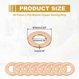 PATIKIL M10 Copper Washer Sealing Ring, 50 Pieces 10mm ID 16mm OD 1mm Thickness Metric Flat Sealing Gasket Crush Washer for Screws Bolt Sump Plugs Oil Drain
