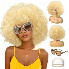 Colored Afro Wigs for Women Men 70s and Disco Sunglasses Set, Funny Wig with Curly Bouncy Huge Fluffy Puff and Oversize Retro Rhinestone Sunglasses - for Costume Cosplay Party (Gold)