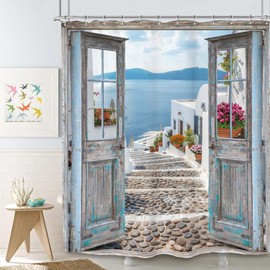 SVBright Beach Ocean Shower Curtain 60Wx72L Inch Landscape Blue Barn Door Santorini Seaside Coastal European Scenery Rustic Wooden 12 Pack Hooks Polyester Waterproof Fabric Bathroom Bathtub Panels