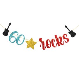 WeBenison 60 Rocks Birthday Banner Rock and Roll Music Theme 60th Birthday Banner / 60's Rock Guitar Birthday Party Decorations Glitter (60)