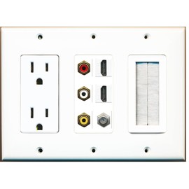 RiteAV - (3 Gang) 15A Power Outlet Mesh-Brush 2 HDMI Coax Composite Video Wall Plate