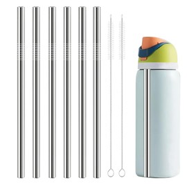 Metal Straw Replacement for Owala Water Bottle 40 oz, 6 Pcs 9.25" Metal Straws Reusable with 2 Cleaner Brush, Short Reusable Stainless Steel Straws, Dishwasher Safe