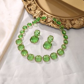Flyonce Light Green Rhinestone Statement Choker Necklace Earrings Set, Round Crystal Bohemian Art Deco Costume Jewelry Set for Women