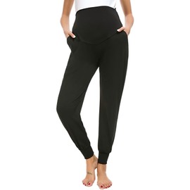 Pregnancy Workout Pants with Pockets Over Belly Maternity Yoga Pants, Stretchy Tapered Legs Activewear for Expecting Mothers(Black, Small)