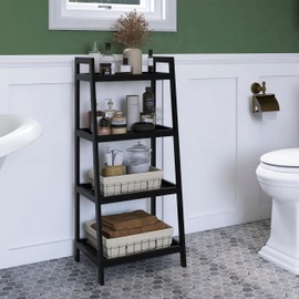 SMIBUY Bamboo Ladder Bookcase, Bathroom Storage Rack Organizer, 4 Tier and 5 Tier Freestanding Plant Display Stand Space Saver Shelves for Bedroom, Kitchen, Balcony (Black, 4 Tiers (39" H))