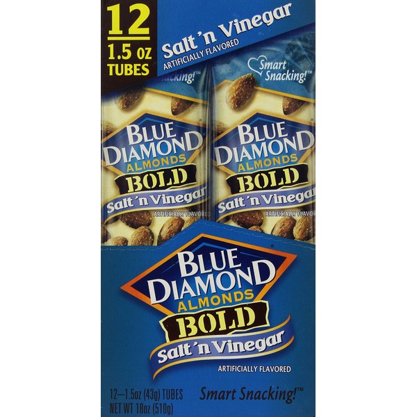 Blue Diamond Bold Almonds, 1.5 oz tubes, Salt 'n Vinegar, 12 tubes