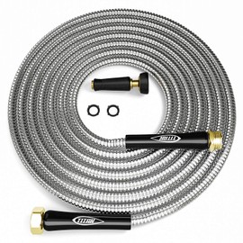 Titan 75FT Metal Garden Hose - Flexible Water Hose with Solid 3/4" Brass Connectors 360 Degree Brass Jet Sprayer Nozzle - Lightweight Kink Free Strong and Durable Heavy Duty 304 Stainless Steel