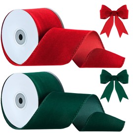 Lyrow 2 Rolls valentines Velvet Ribbon 2.5 Inches Velvet Satin Vintage Wide Wired Edge Wrapping Ribbon for Wedding Decorating, Gift Wrapping Bow(20 Yards,Green, Red)