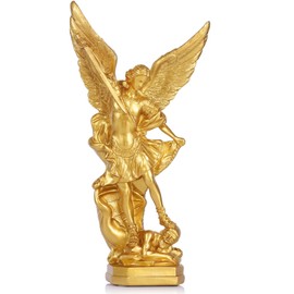 QIANLING 12.5in Gold San Miguel Arcangel Statue, St Michael Statue in Resin, Religion St Michael The Archangel victoriously Over Satan Collection Figurines, Suitable for Collection or Decor